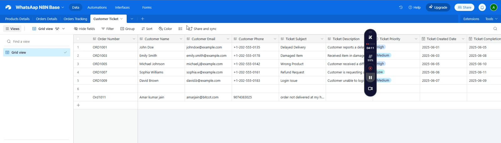 An Airtable view of support ticket records created by an n8n WhatsApp chatbot from customer conversations including order and issue details. 