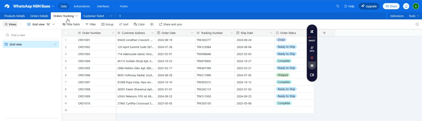 An Airtable view of tracking data accessed by an n8n WhatsApp chatbot to provide users with real-time shipping status updates. 