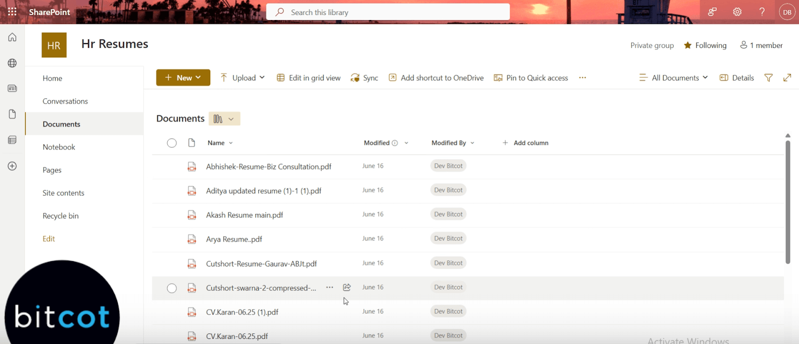 SharePoint document library storing resumes automatically uploaded for AI screening in a Microsoft Copilot Studio workflow