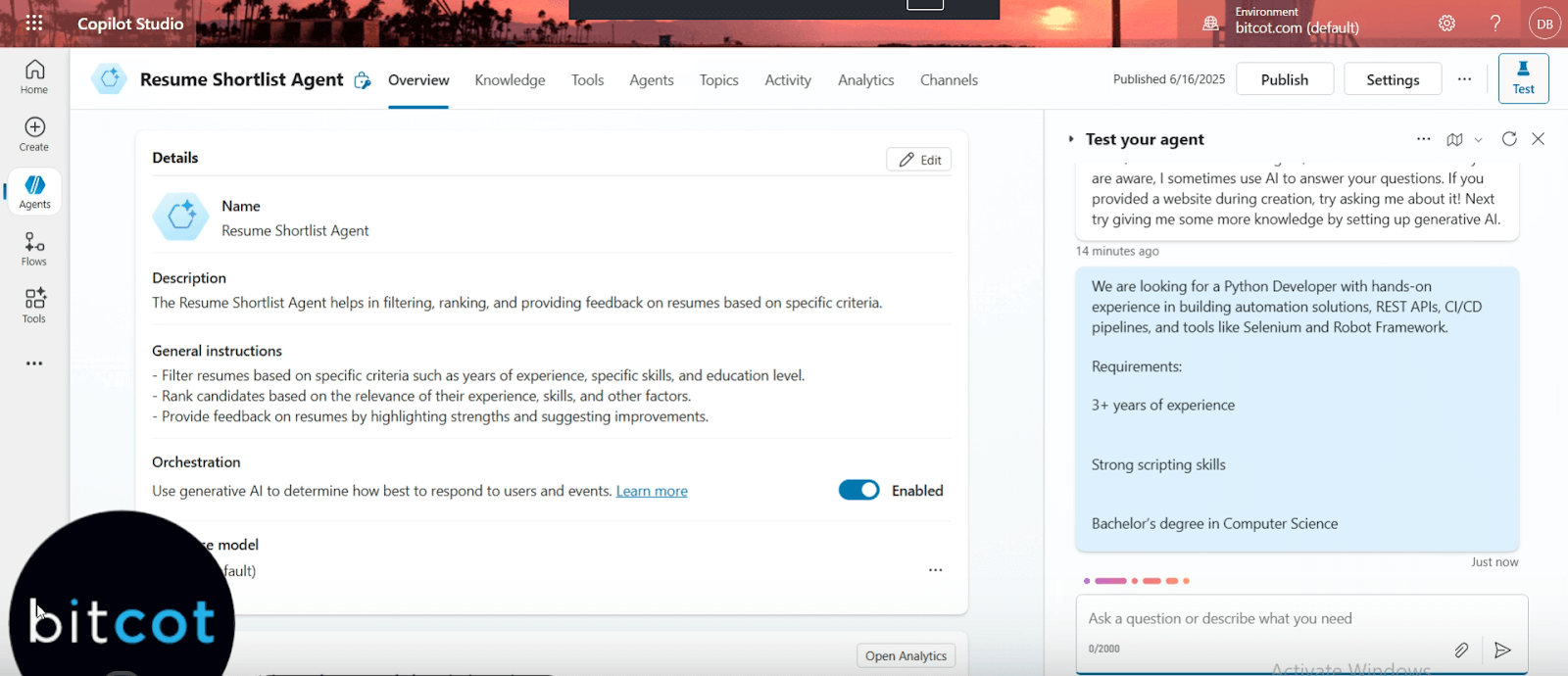 Microsoft Copilot Studio interface displaying the setup of a resume shortlist agent with job description input using natural language